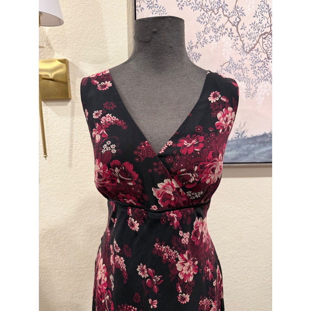 Alfani Womens 100% Silk Floral Midi Dress Black Burgundy V-Neck Sleeveless Sz 10 - Picture 5 of 5